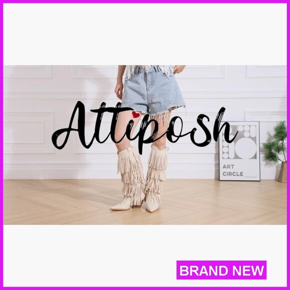 Western Knee High Boots Chunky Heel Fringe Cowgirl Pull On Pointed Toe - Picture 7 of 7